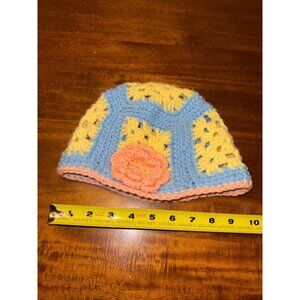 Handmade Crochet Hat With Floral Accent - Multicolor Yellow & Blue With Pink Tri